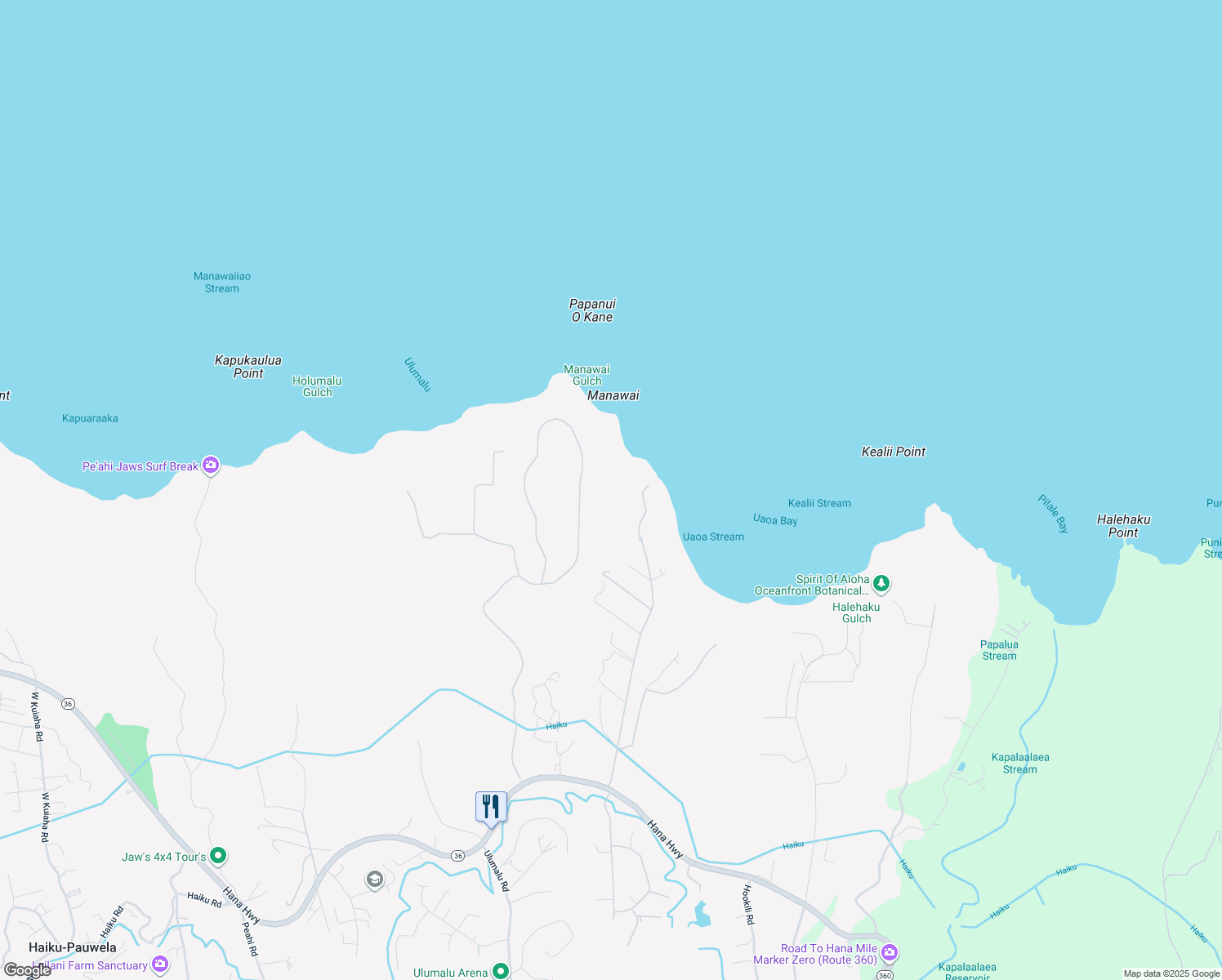 map of restaurants, bars, coffee shops, grocery stores, and more near 690 Kai Huki Circle in Haiku-Pauwela