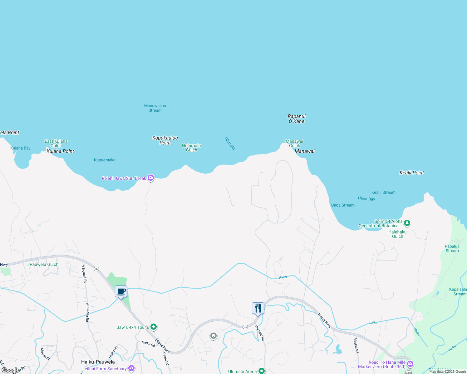 map of restaurants, bars, coffee shops, grocery stores, and more near 155 Kai Poi Road in Haiku-Pauwela