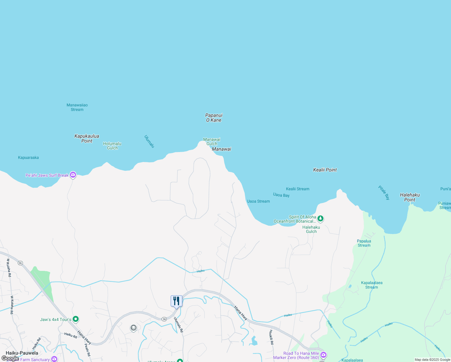 map of restaurants, bars, coffee shops, grocery stores, and more near 475 Manawai Place in Haiku-Pauwela