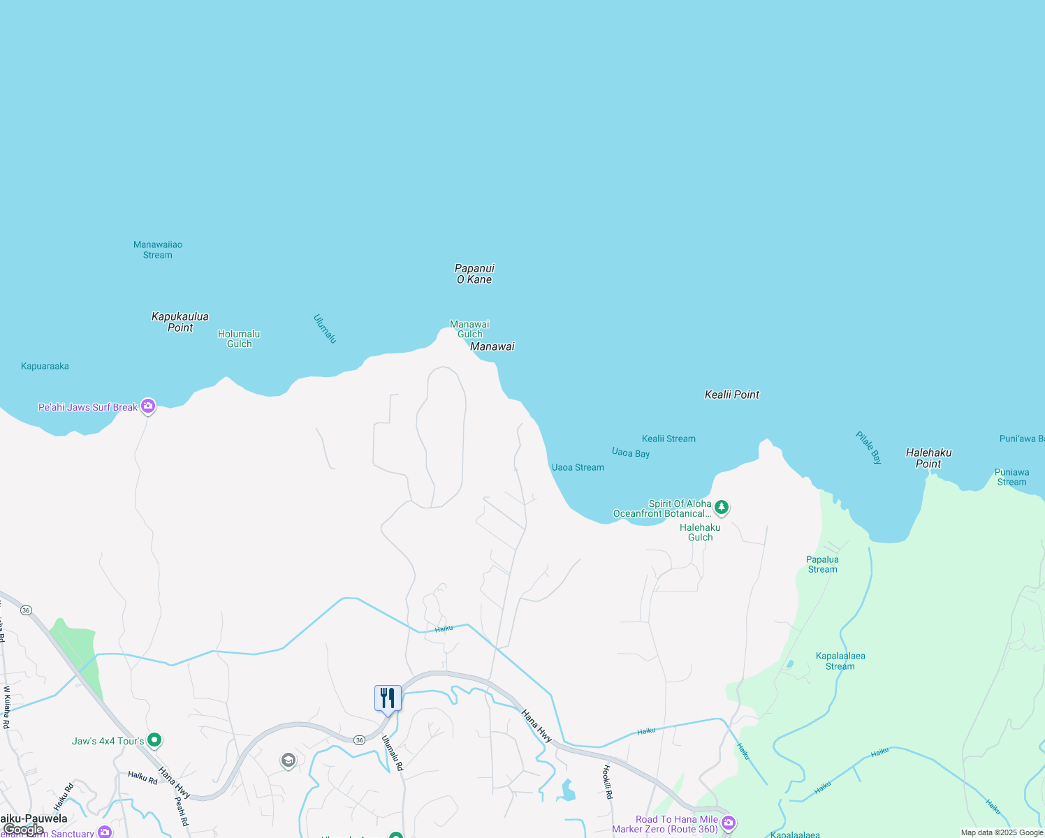 map of restaurants, bars, coffee shops, grocery stores, and more near 430 Manawai Place in Haiku-Pauwela