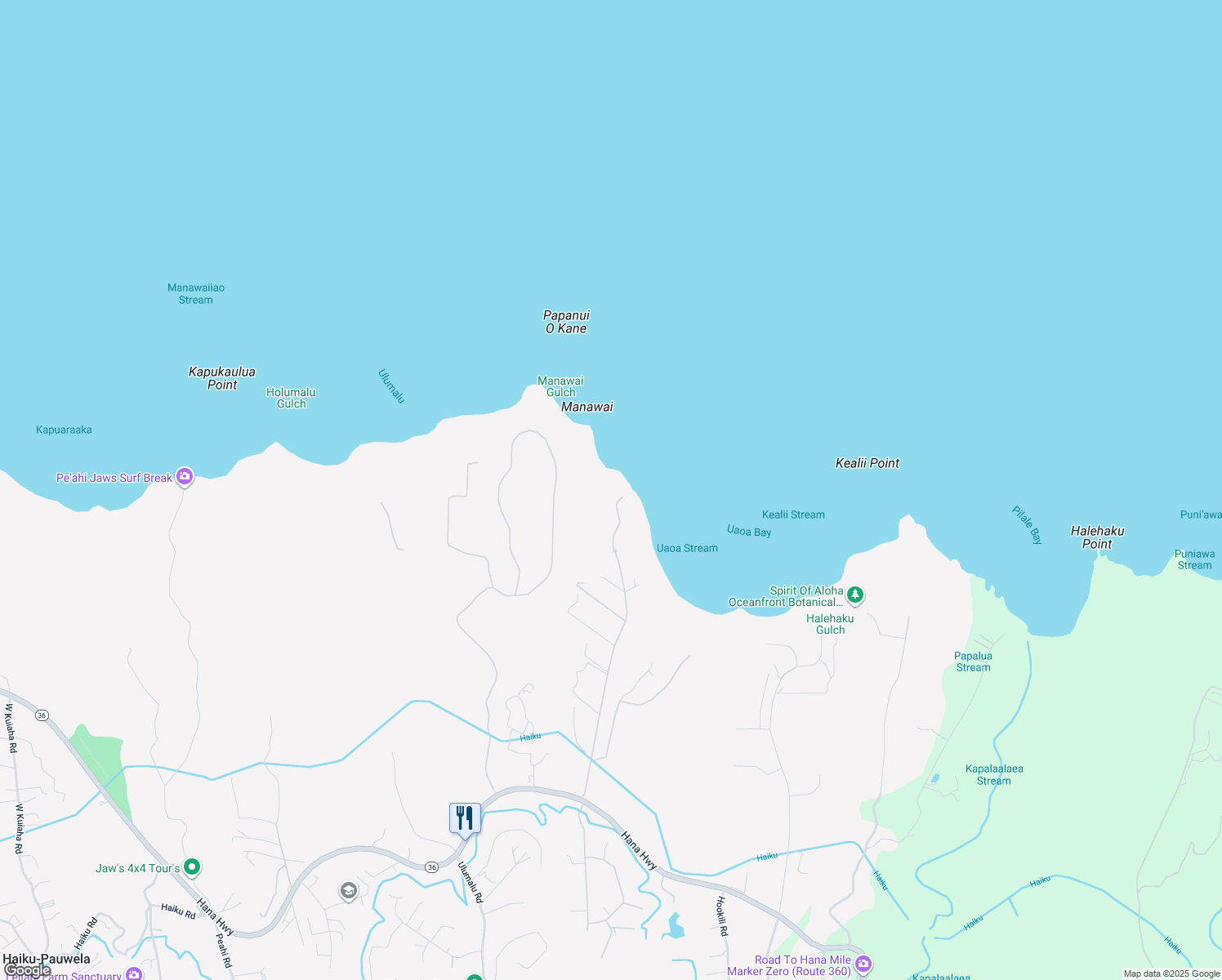 map of restaurants, bars, coffee shops, grocery stores, and more near Manawai Place in Haiku-Pauwela