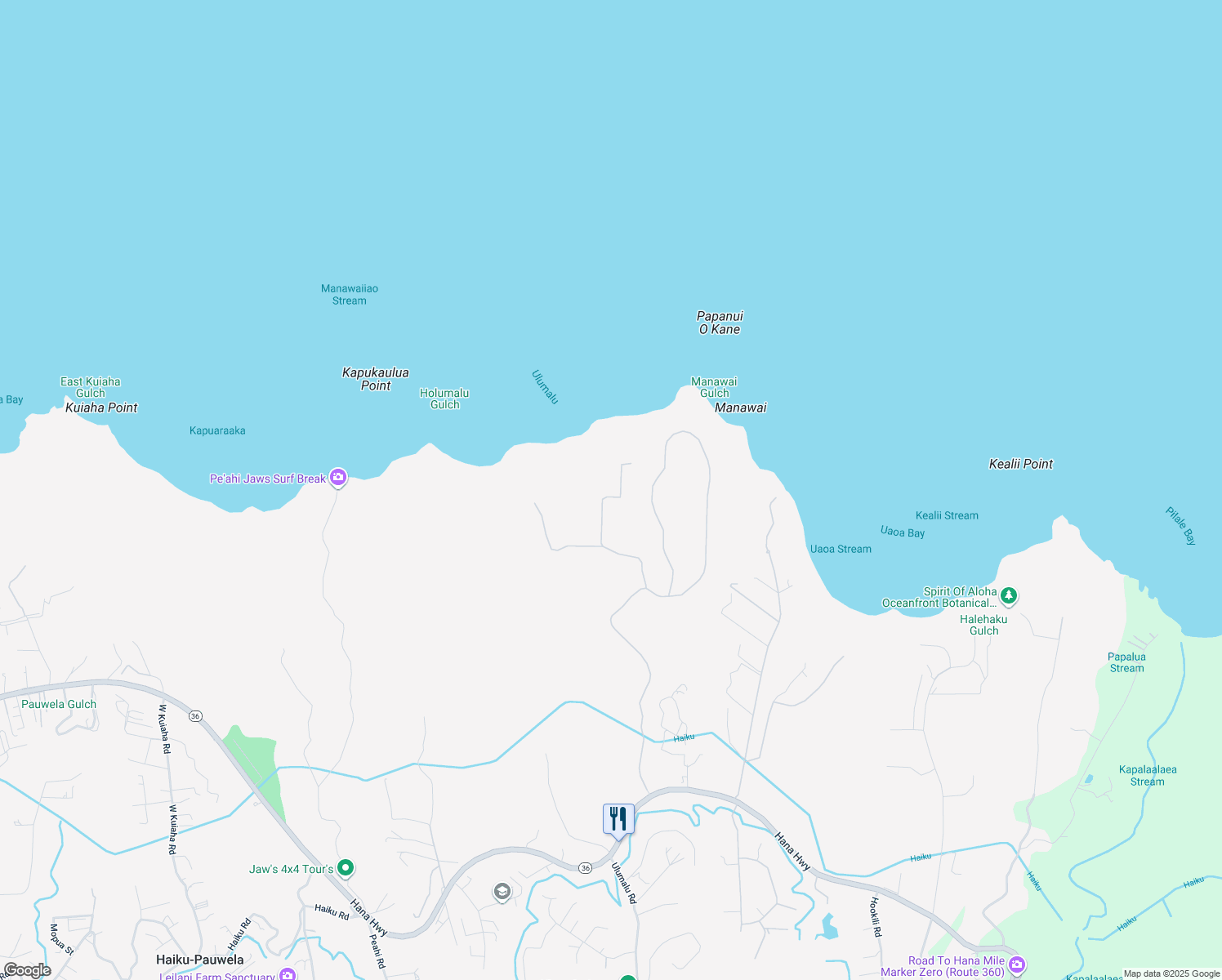 map of restaurants, bars, coffee shops, grocery stores, and more near 300 Kai Poi Road in Haiku-Pauwela