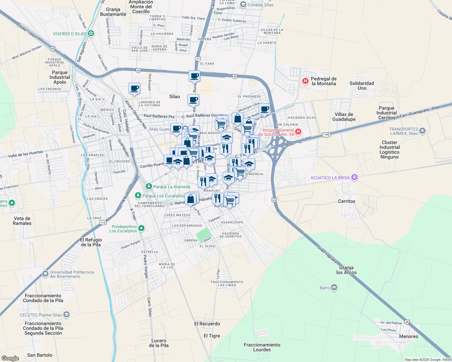 map of restaurants, bars, coffee shops, grocery stores, and more near 71 Ramón Vaca in Silao