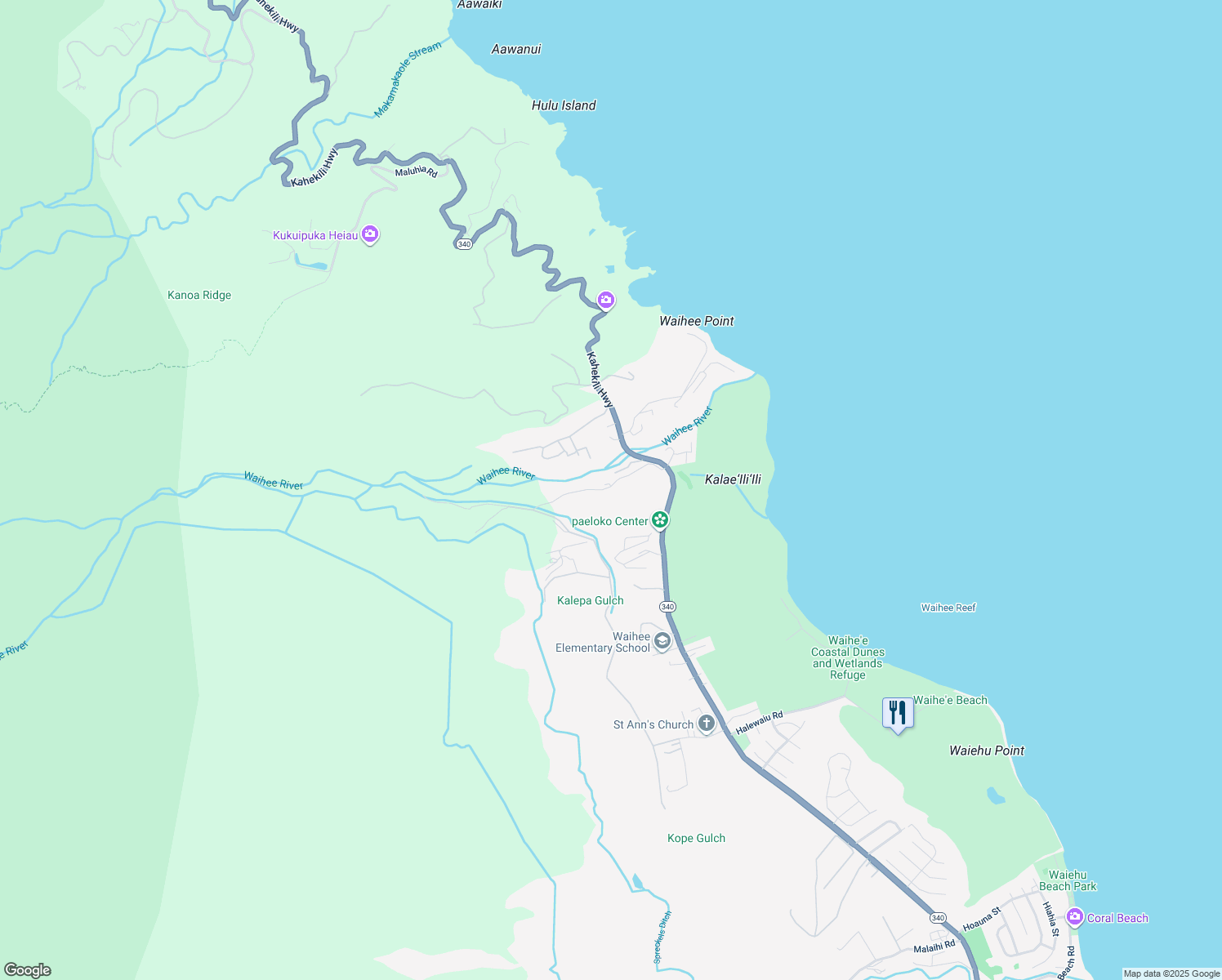 map of restaurants, bars, coffee shops, grocery stores, and more near 95 Waihee Valley Road in Wailuku