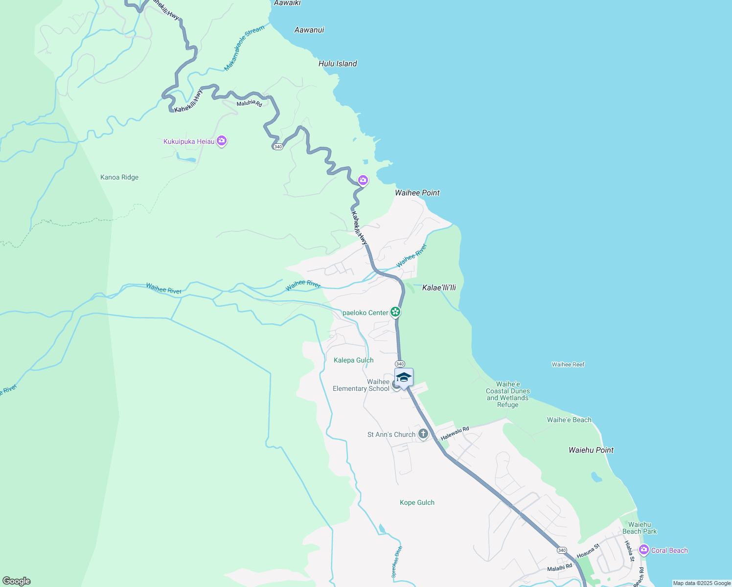 map of restaurants, bars, coffee shops, grocery stores, and more near 95 Waihee Valley Road in Wailuku