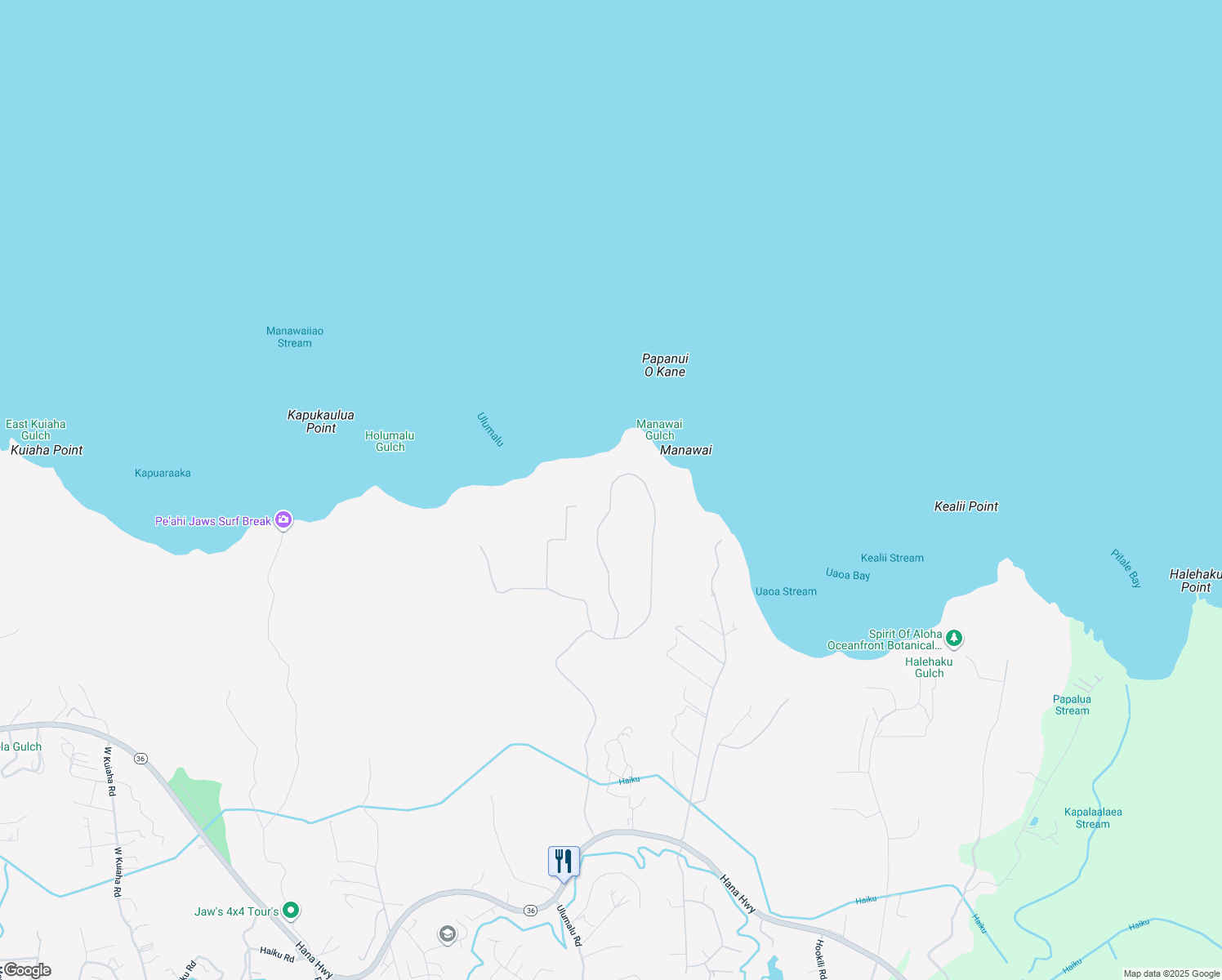 map of restaurants, bars, coffee shops, grocery stores, and more near 850 Kai Huki Circle in Haiku-Pauwela