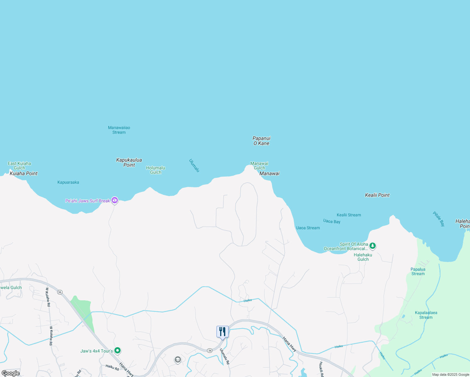 map of restaurants, bars, coffee shops, grocery stores, and more near 890 Kai Huki Circle in Haiku-Pauwela