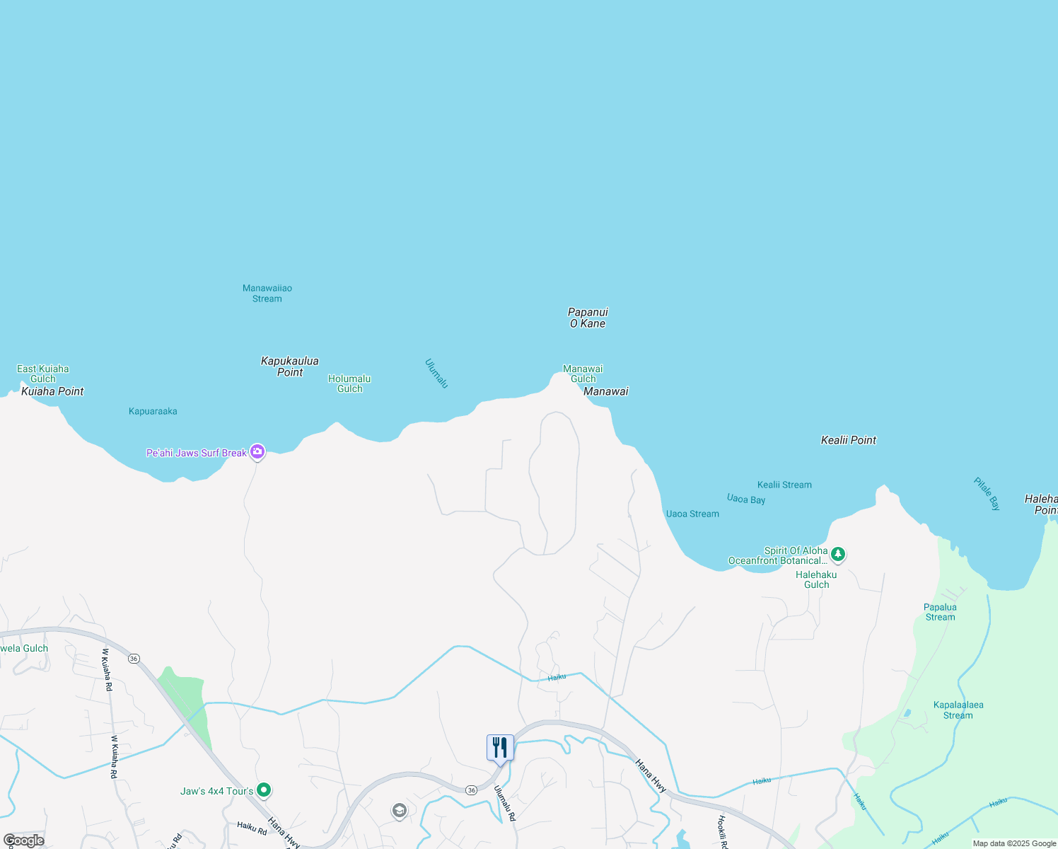 map of restaurants, bars, coffee shops, grocery stores, and more near 890 Kai Huki Circle in Haiku-Pauwela