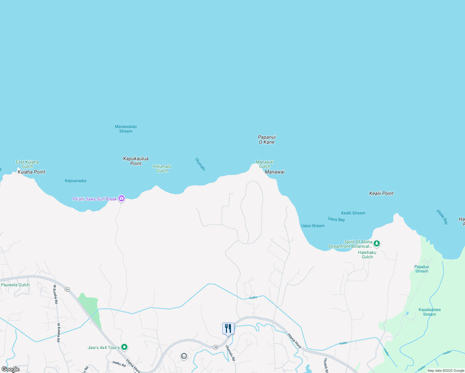 map of restaurants, bars, coffee shops, grocery stores, and more near 868 Kauhikoa Road in Haiku-Pauwela