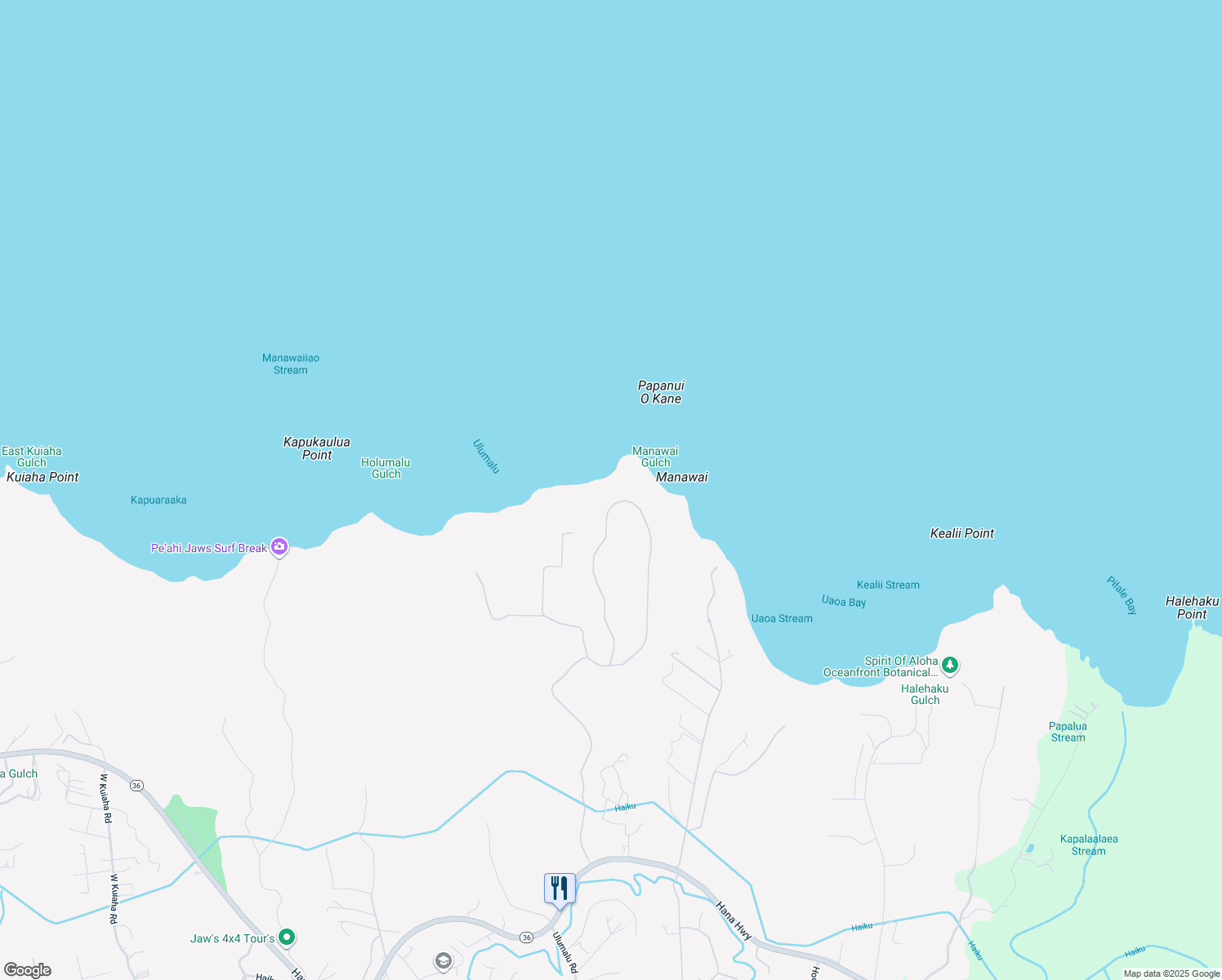 map of restaurants, bars, coffee shops, grocery stores, and more near 850 Kai Huki Circle in Haiku-Pauwela