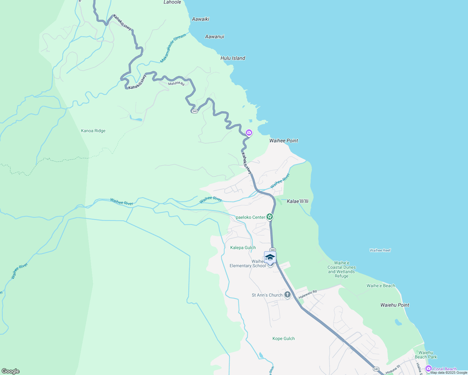 map of restaurants, bars, coffee shops, grocery stores, and more near 128 River Road in Wailuku