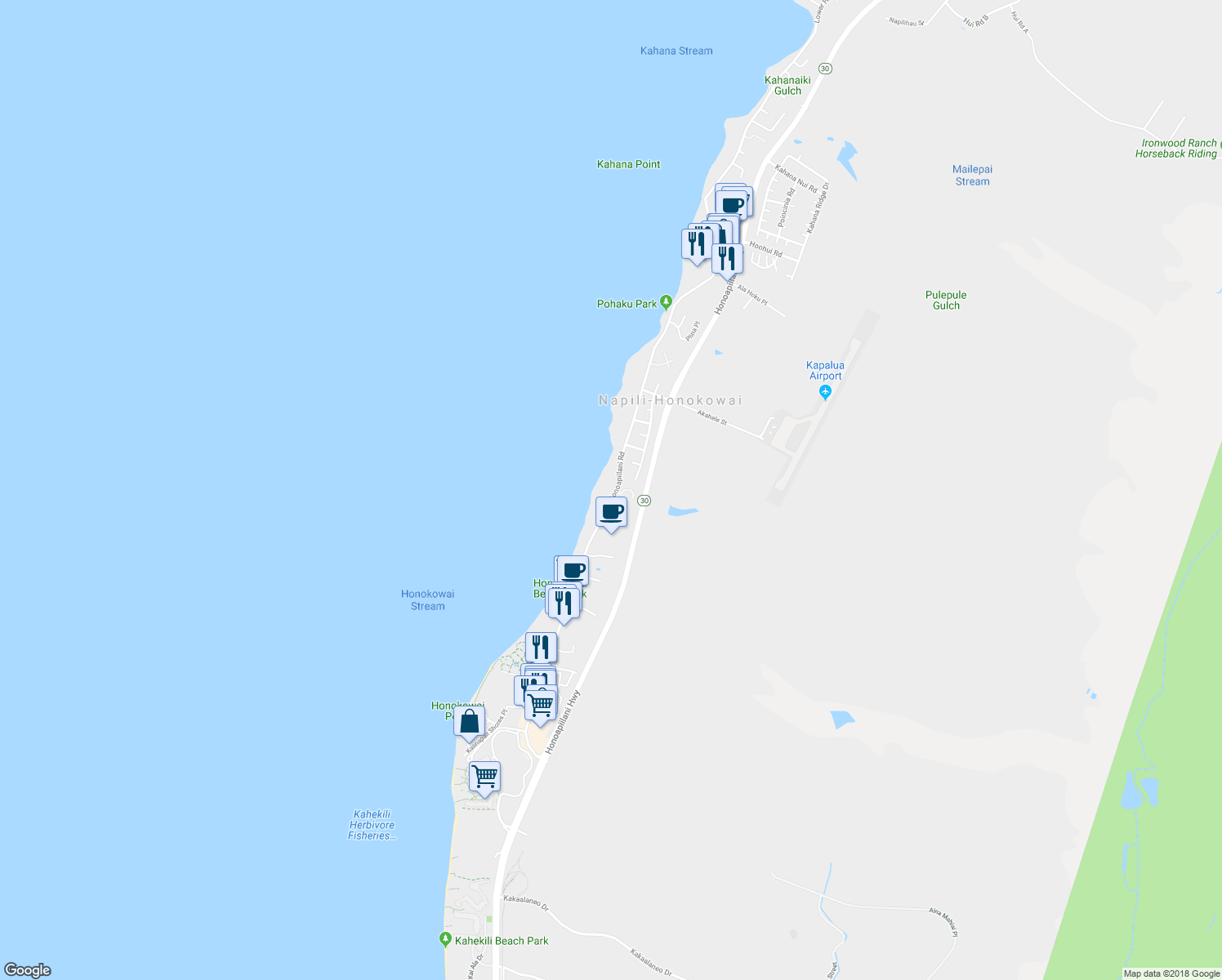 map of restaurants, bars, coffee shops, grocery stores, and more near 3837 Lower Honoapiilani Road in Lahaina
