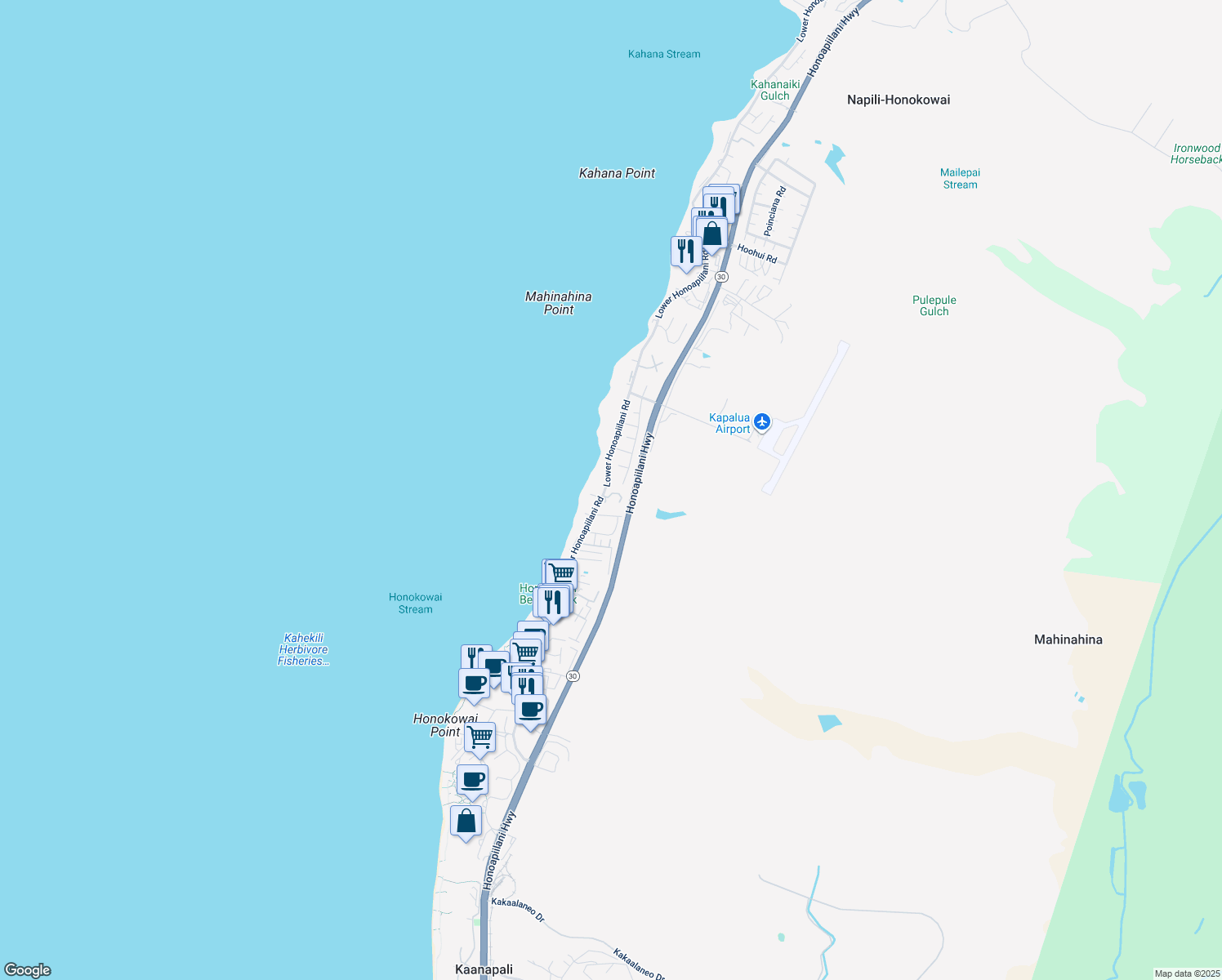 map of restaurants, bars, coffee shops, grocery stores, and more near 2 Hoaka Place in Lahaina