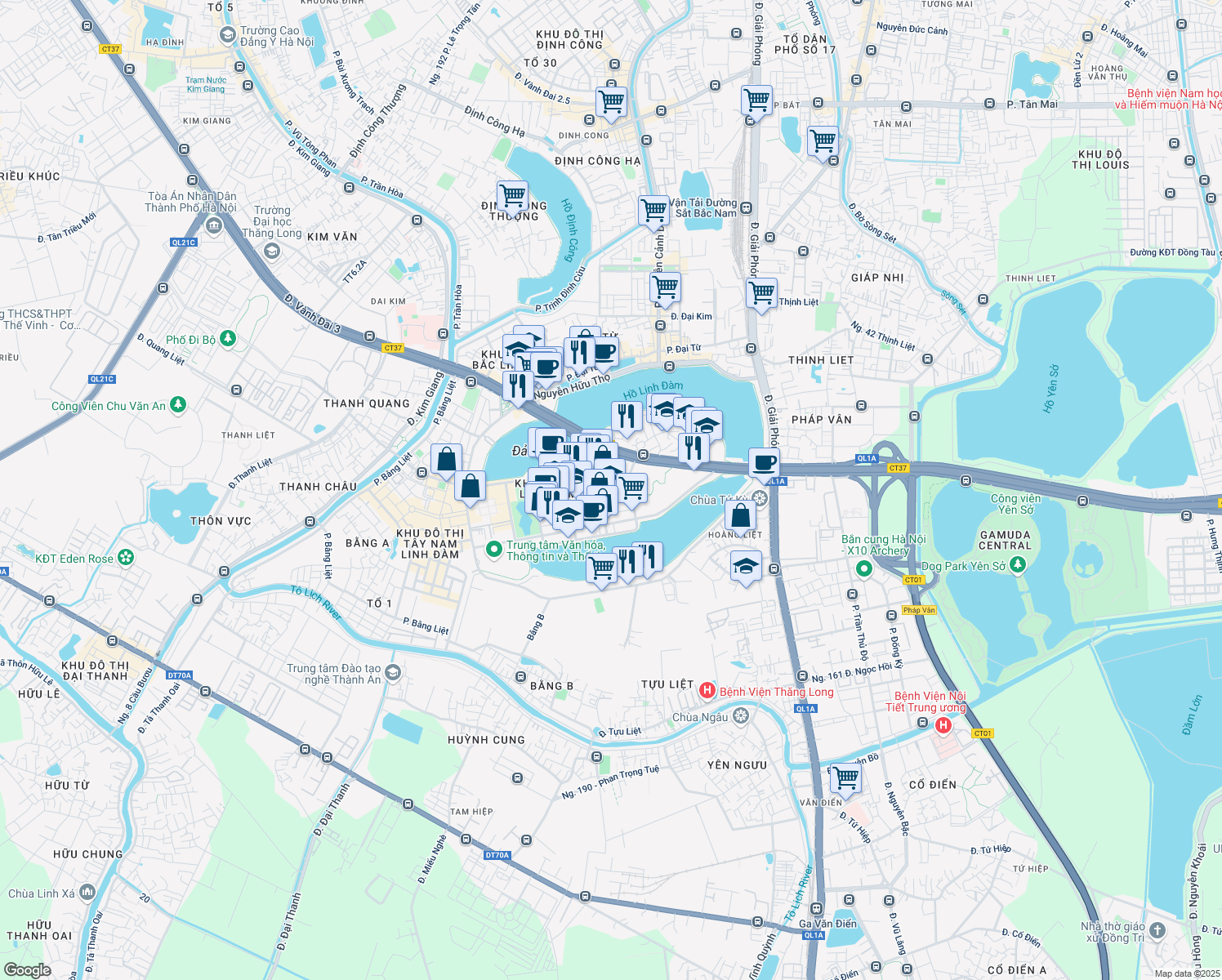map of restaurants, bars, coffee shops, grocery stores, and more near Nguyễn Duy Trinh in Hoàng Mai