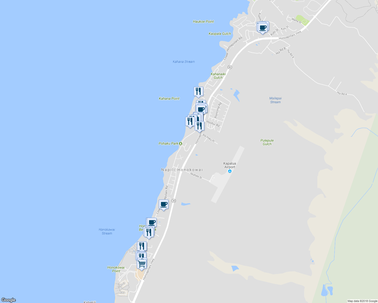 map of restaurants, bars, coffee shops, grocery stores, and more near 54 Piina Place in Lahaina