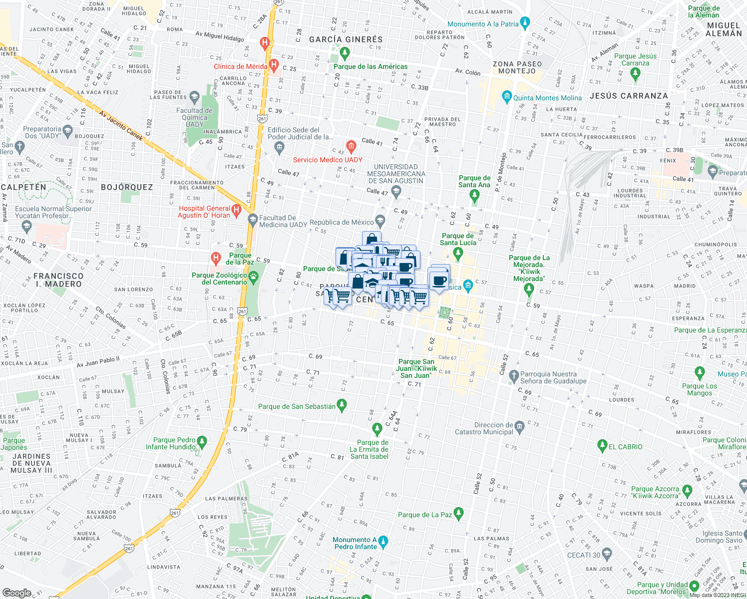 map of restaurants, bars, coffee shops, grocery stores, and more near in Mérida