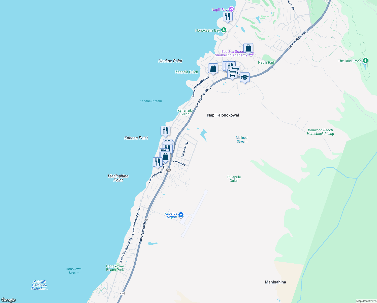 map of restaurants, bars, coffee shops, grocery stores, and more near 132 Oleander Place in Lahaina