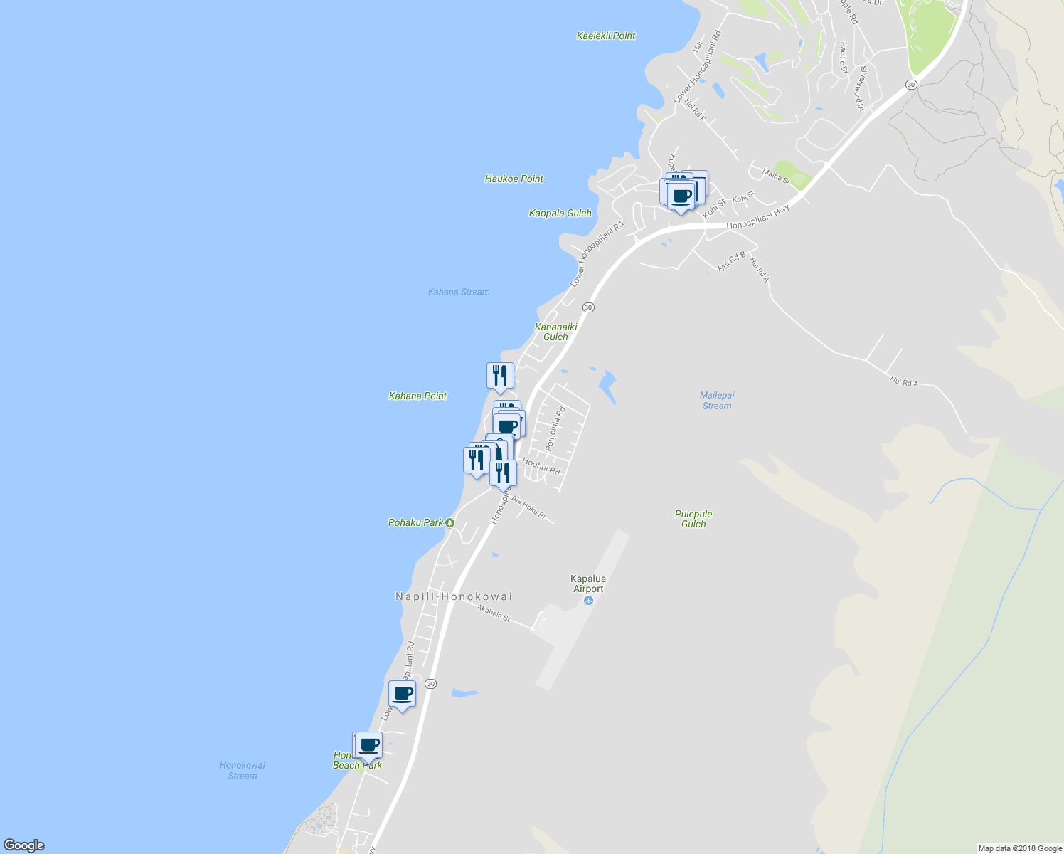 map of restaurants, bars, coffee shops, grocery stores, and more near 338 Kahana Ridge Drive in Lahaina