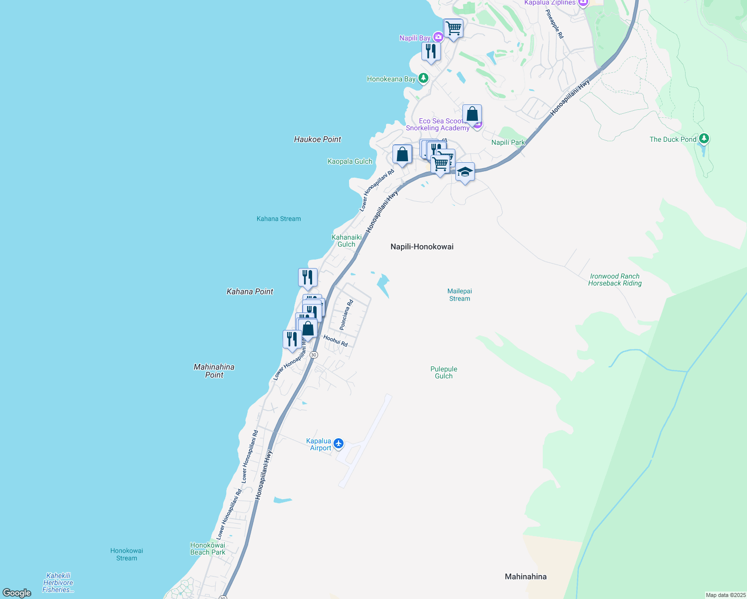 map of restaurants, bars, coffee shops, grocery stores, and more near 160 Kahana Ridge Drive in Lahaina