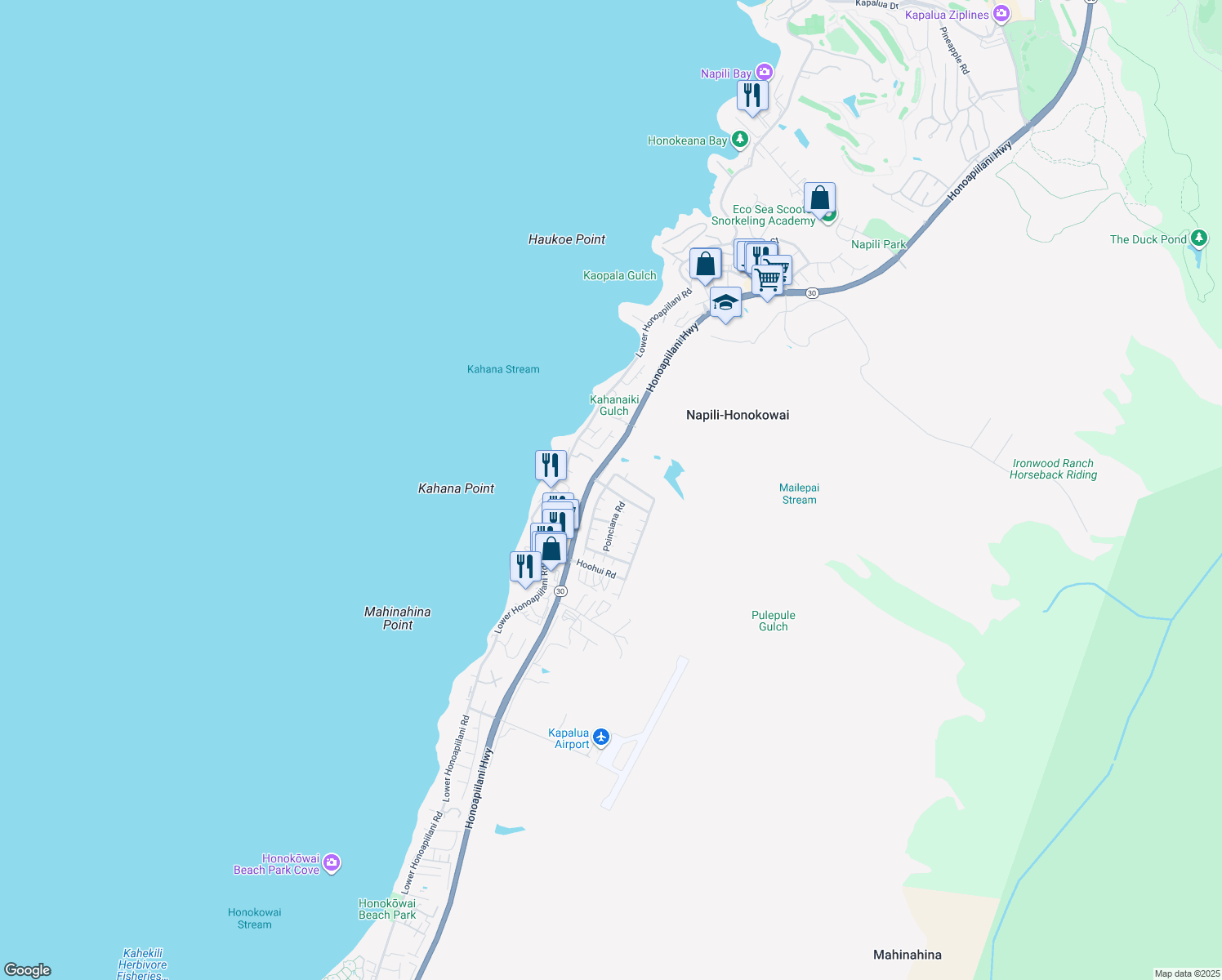 map of restaurants, bars, coffee shops, grocery stores, and more near 75 Kahana Nui Road in Lahaina