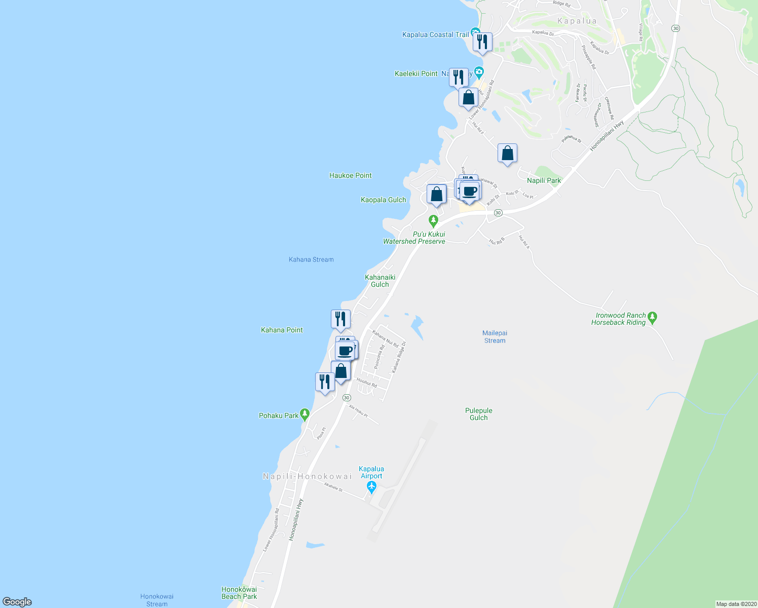 map of restaurants, bars, coffee shops, grocery stores, and more near 122 Omaikai Place in Lahaina
