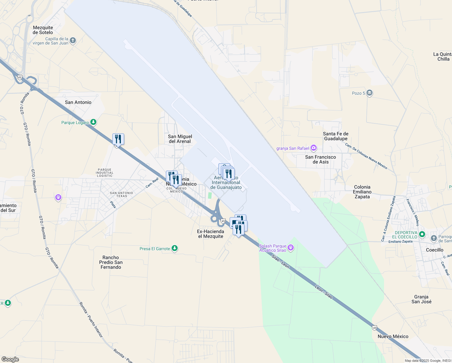 map of restaurants, bars, coffee shops, grocery stores, and more near Km 5.5 Silao-León de Los Aldama in Silao de la Victoria