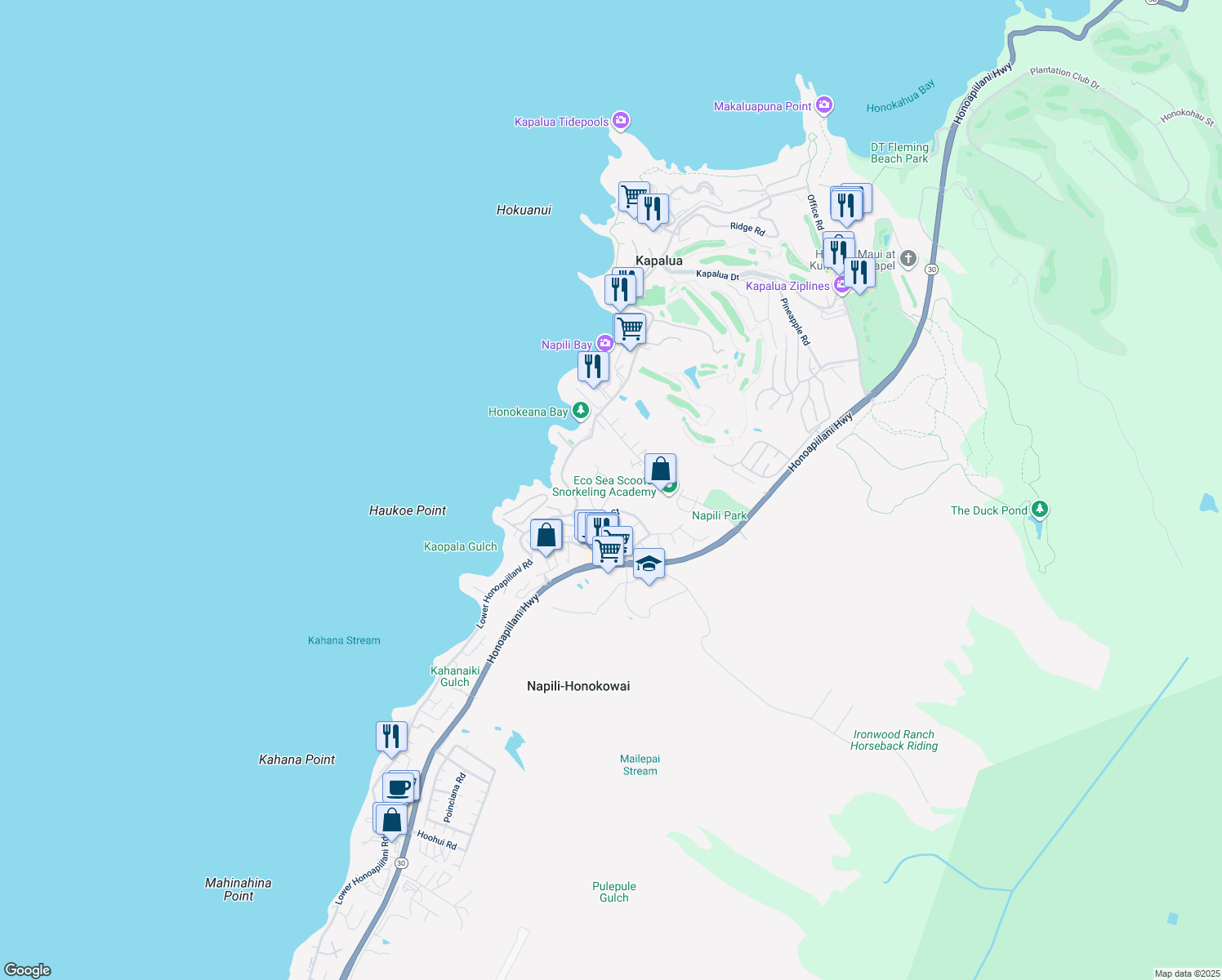 map of restaurants, bars, coffee shops, grocery stores, and more near 5155 Kipulu Place in Lahaina