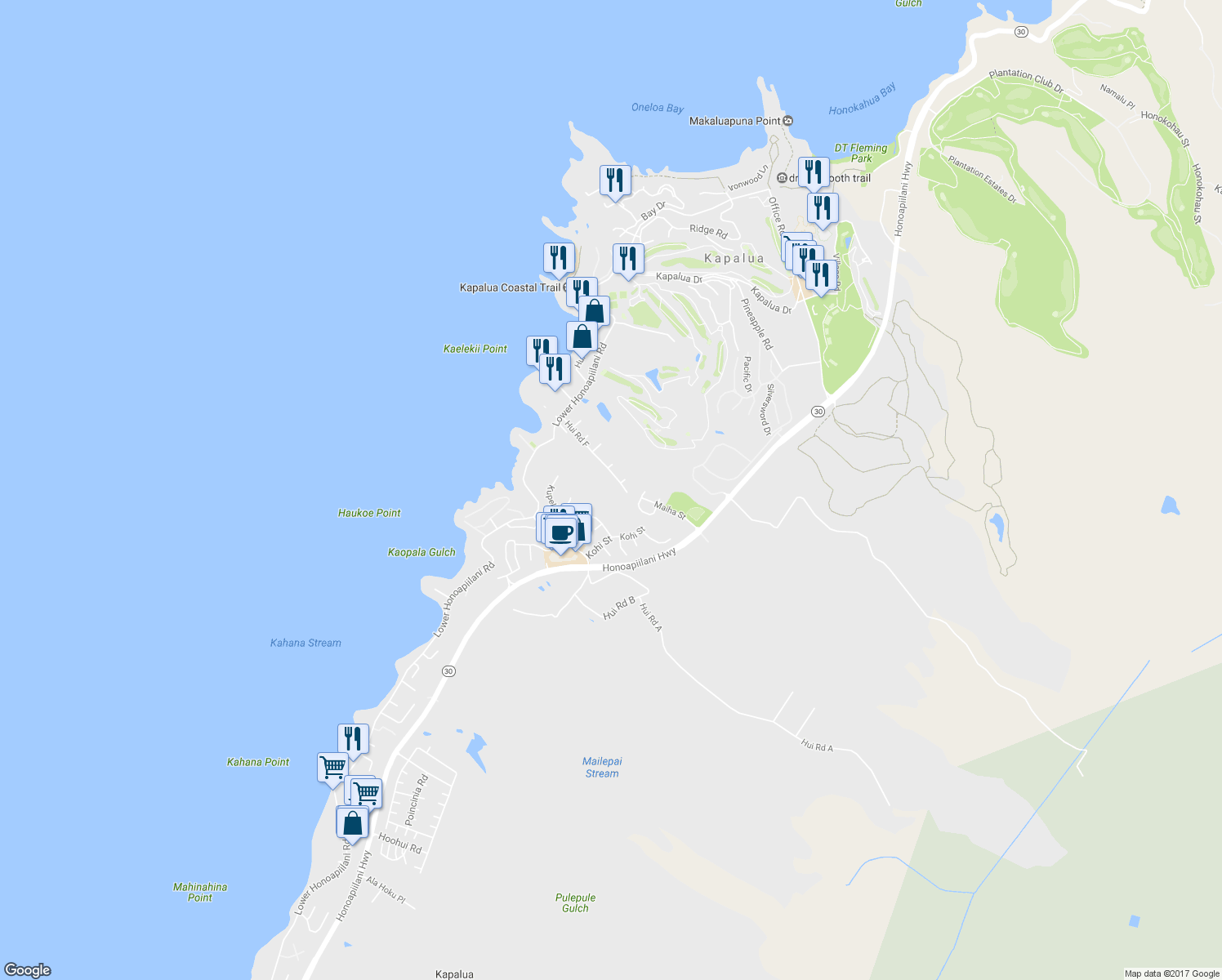 map of restaurants, bars, coffee shops, grocery stores, and more near 158 Hui Road F in Lahaina