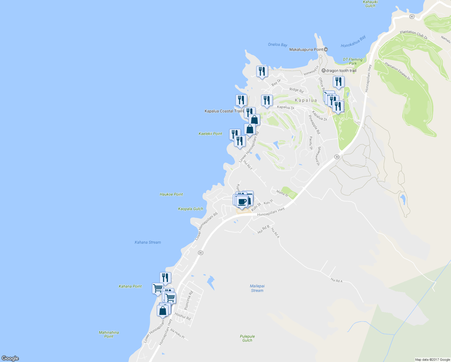 map of restaurants, bars, coffee shops, grocery stores, and more near 5163 Lower Honoapiilani Road in Lahaina