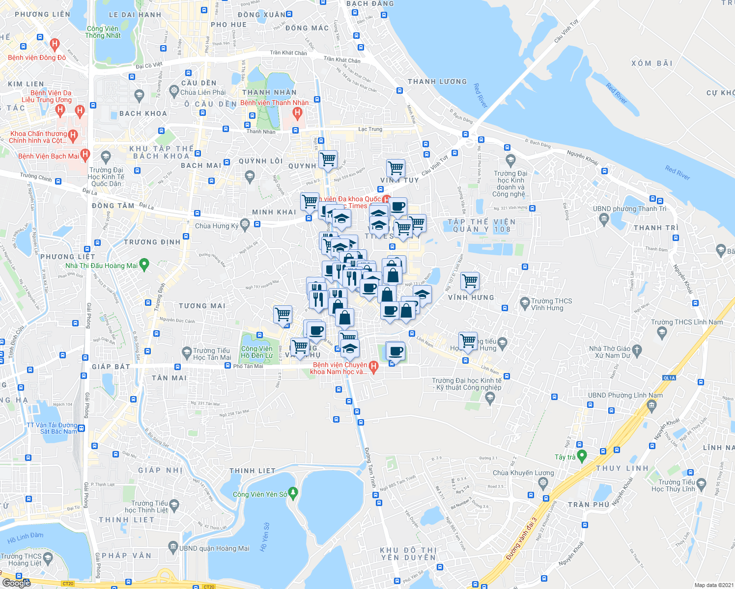 map of restaurants, bars, coffee shops, grocery stores, and more near 83 Lĩnh Nam in Hai Bà Trưng