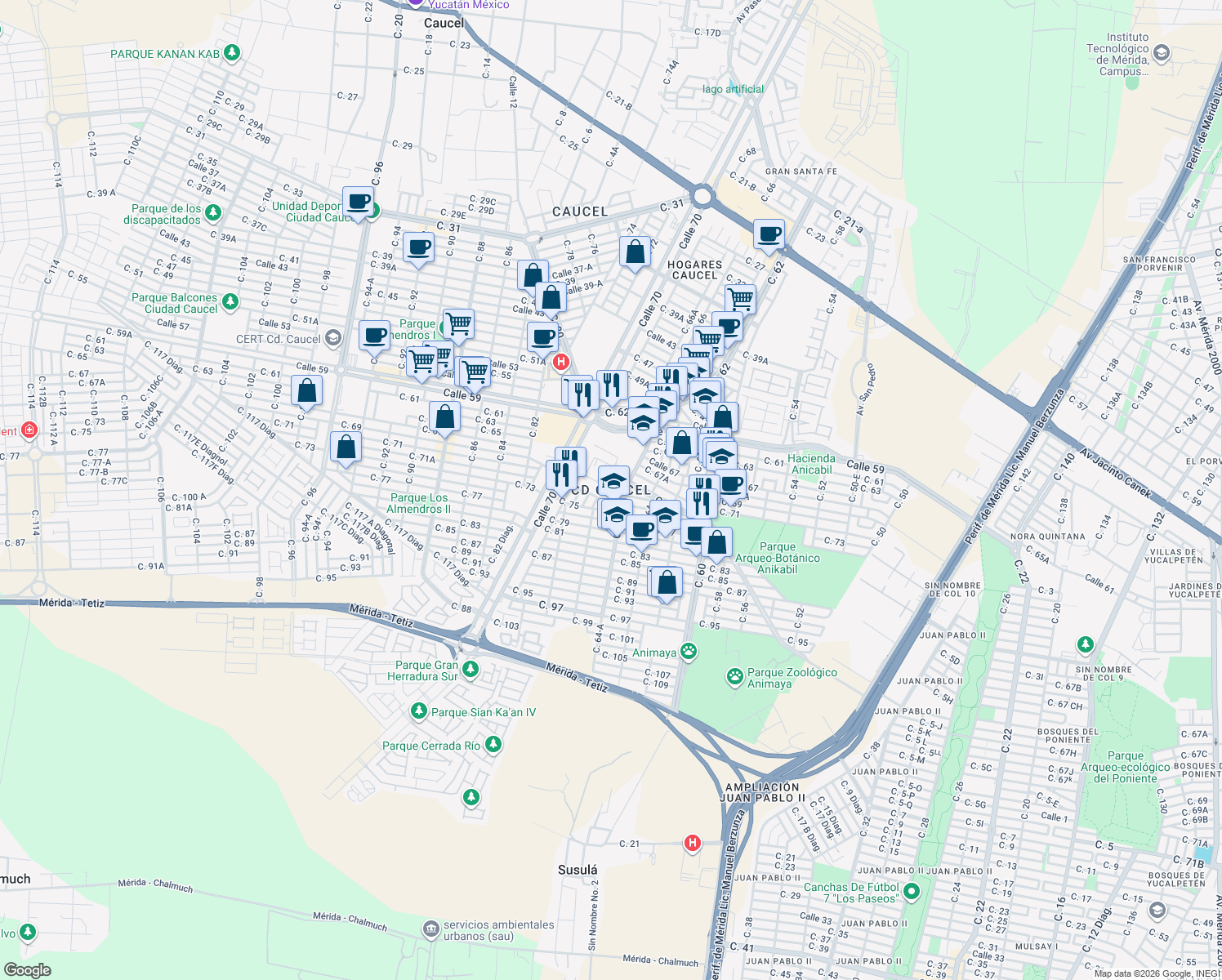 map of restaurants, bars, coffee shops, grocery stores, and more near in Mérida