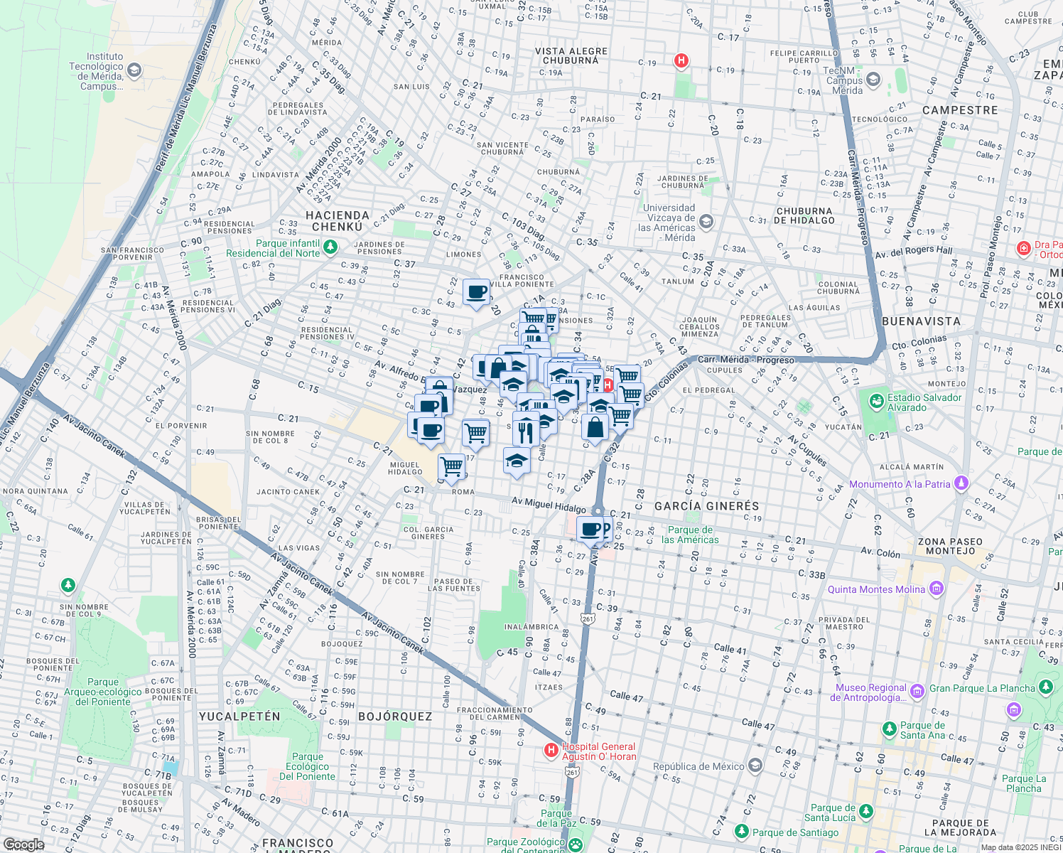 map of restaurants, bars, coffee shops, grocery stores, and more near in Mérida