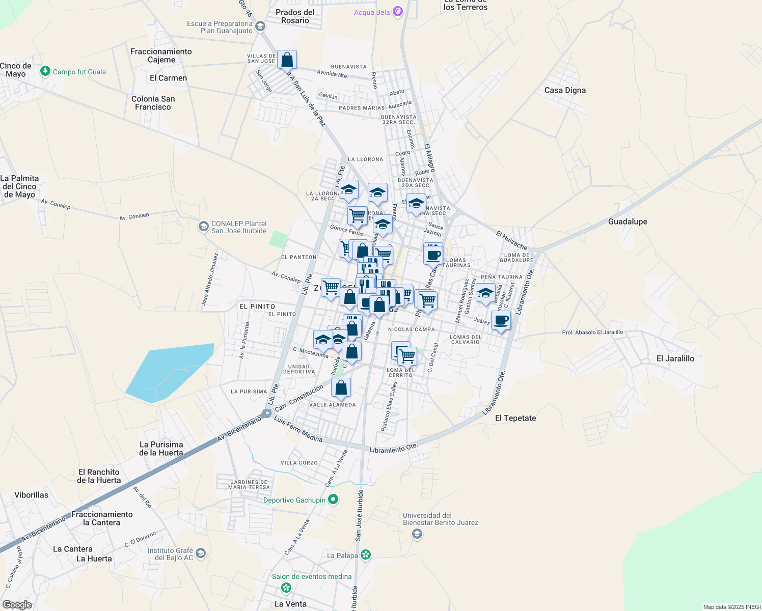 map of restaurants, bars, coffee shops, grocery stores, and more near 12 Plaza Principal in San José Iturbide