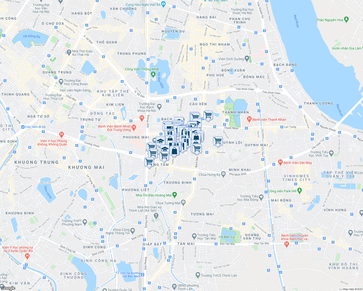map of restaurants, bars, coffee shops, grocery stores, and more near K6B-Bach Khoa in Hanoi