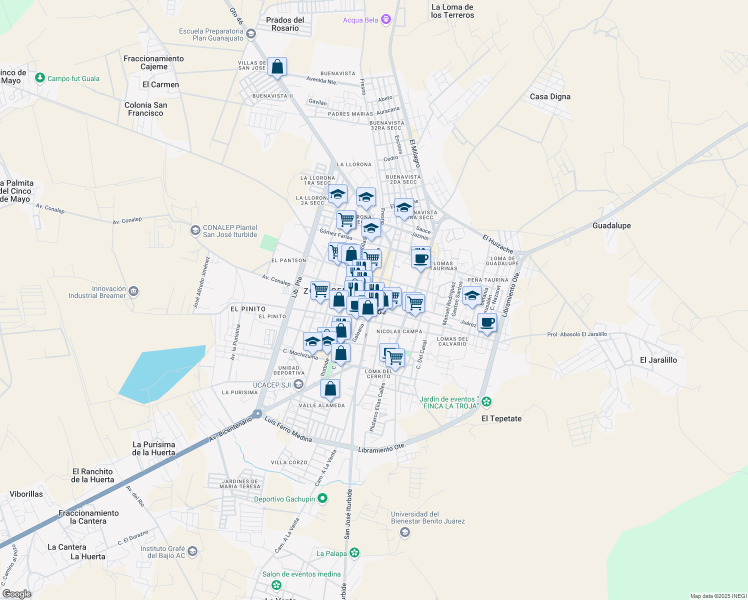 map of restaurants, bars, coffee shops, grocery stores, and more near 12 Plaza Principal in San José Iturbide
