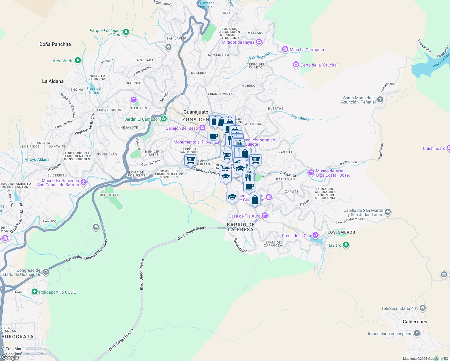 map of restaurants, bars, coffee shops, grocery stores, and more near 39B Boulevard Guanajuato in Guanajuato