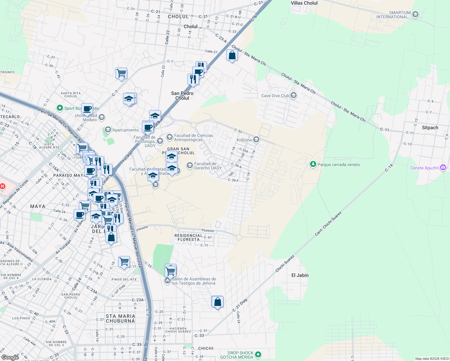 map of restaurants, bars, coffee shops, grocery stores, and more near 200 Calle 39-F in Mérida