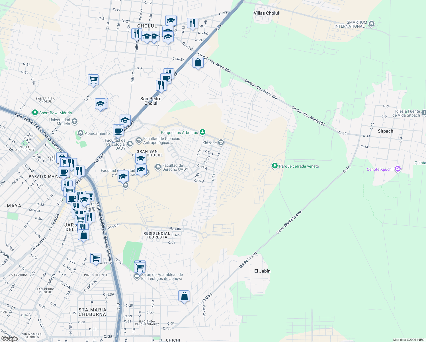 map of restaurants, bars, coffee shops, grocery stores, and more near 200 Calle 39-F in Mérida