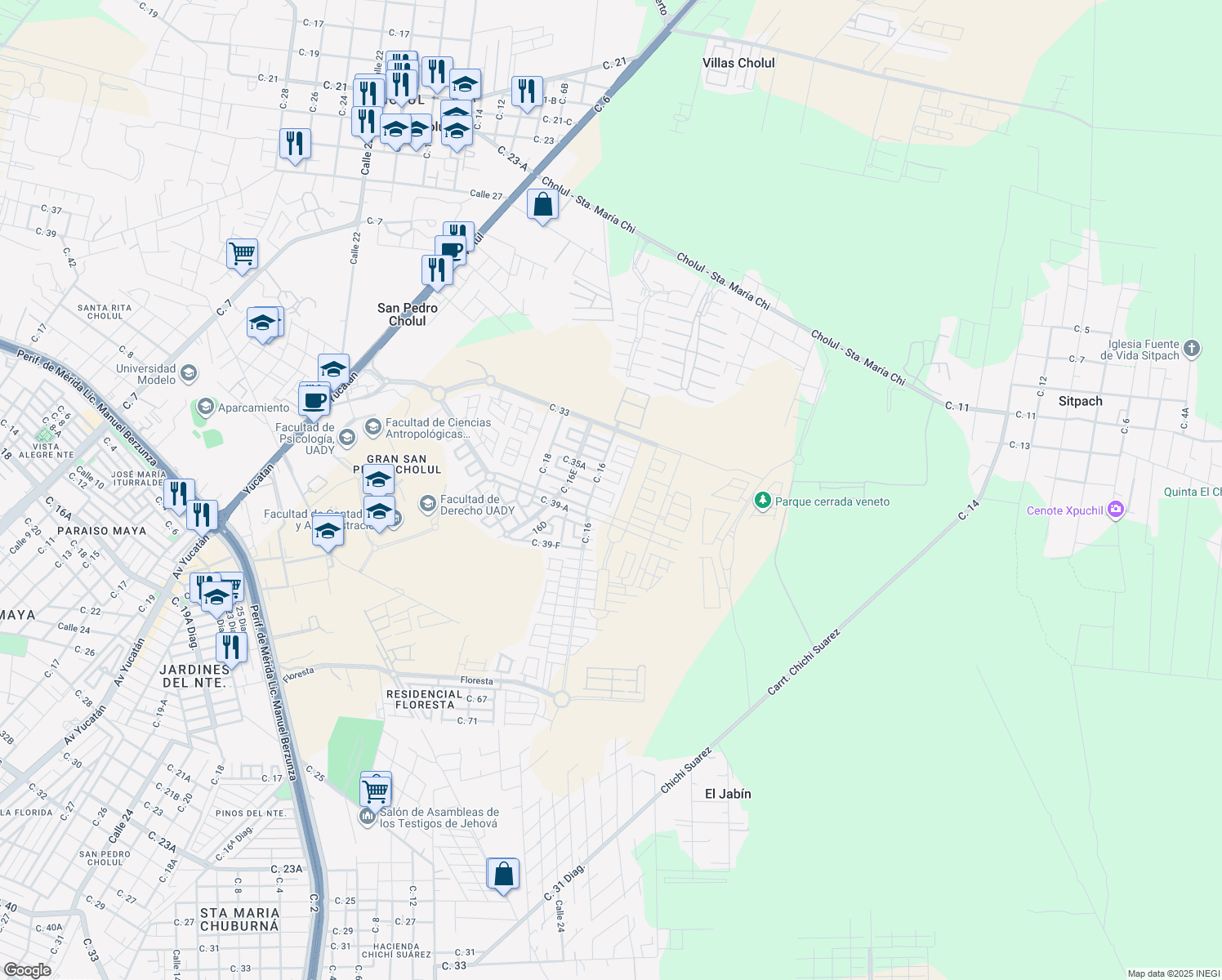 map of restaurants, bars, coffee shops, grocery stores, and more near 213 Calle 35b in Mérida