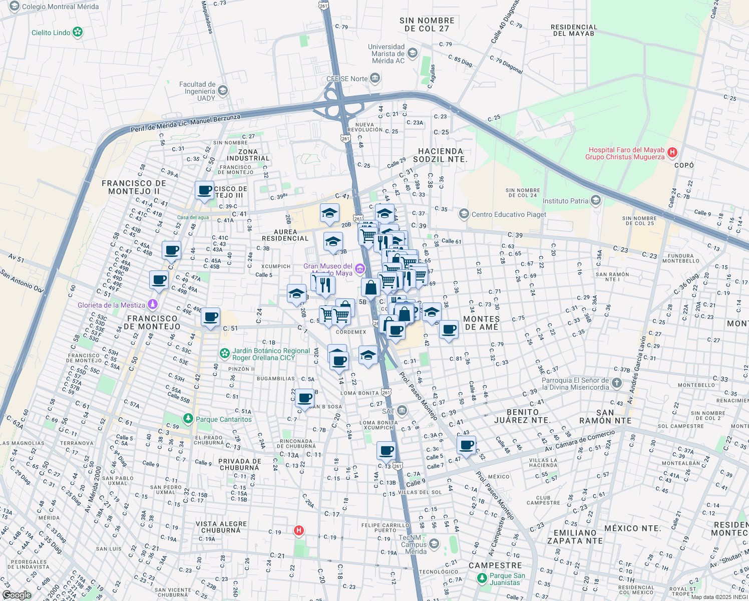 map of restaurants, bars, coffee shops, grocery stores, and more near Carretera Mérida - Progreso in Mérida