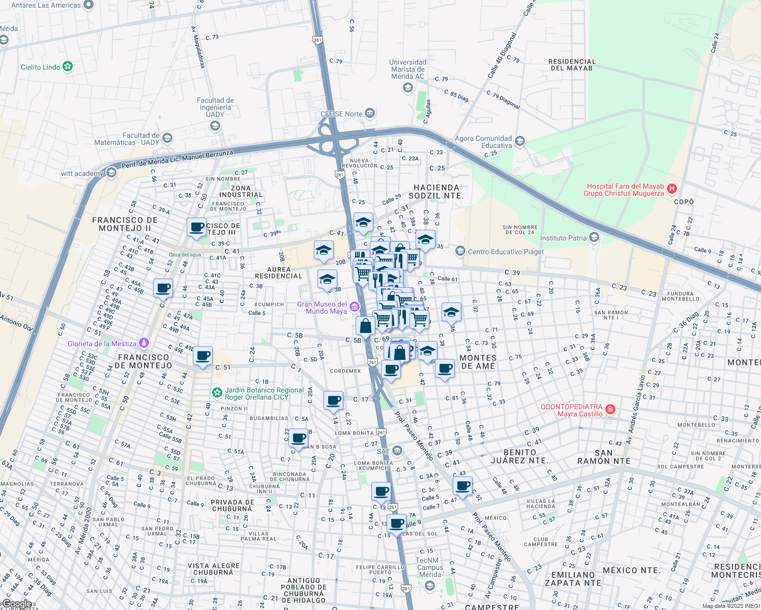 map of restaurants, bars, coffee shops, grocery stores, and more near in Mérida