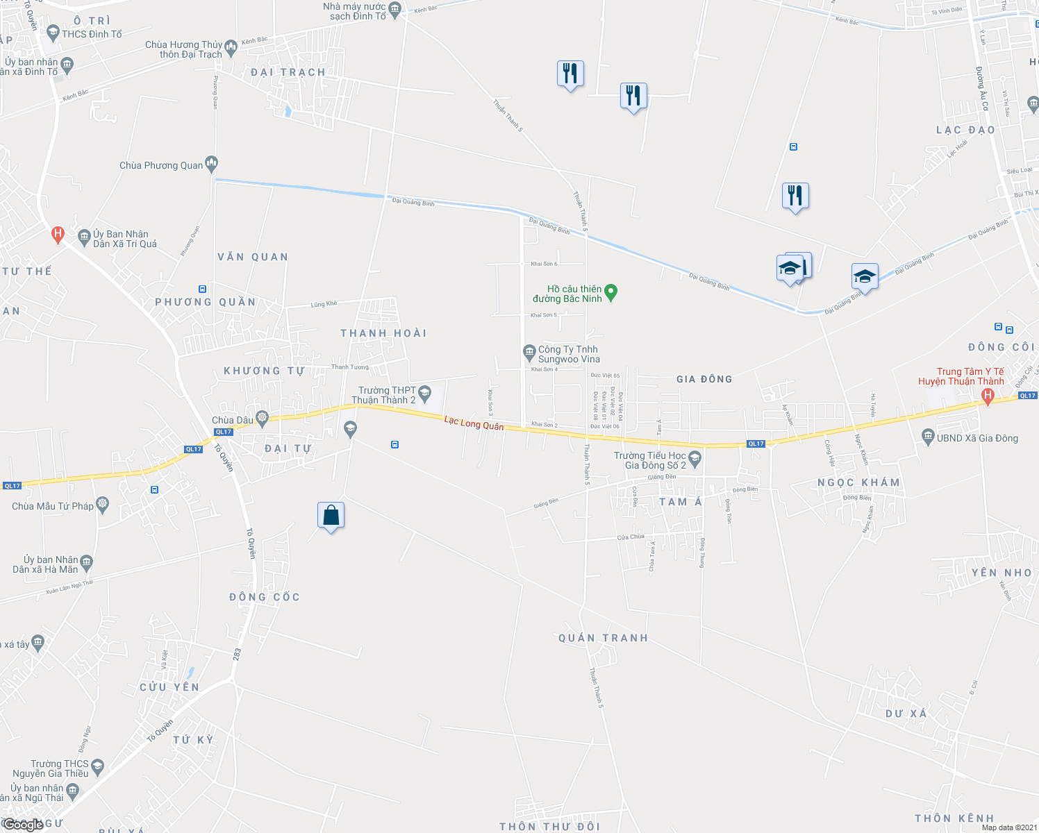 map of restaurants, bars, coffee shops, grocery stores, and more near Trục chính KCN Thuận Thành 3 in Thuận Thành