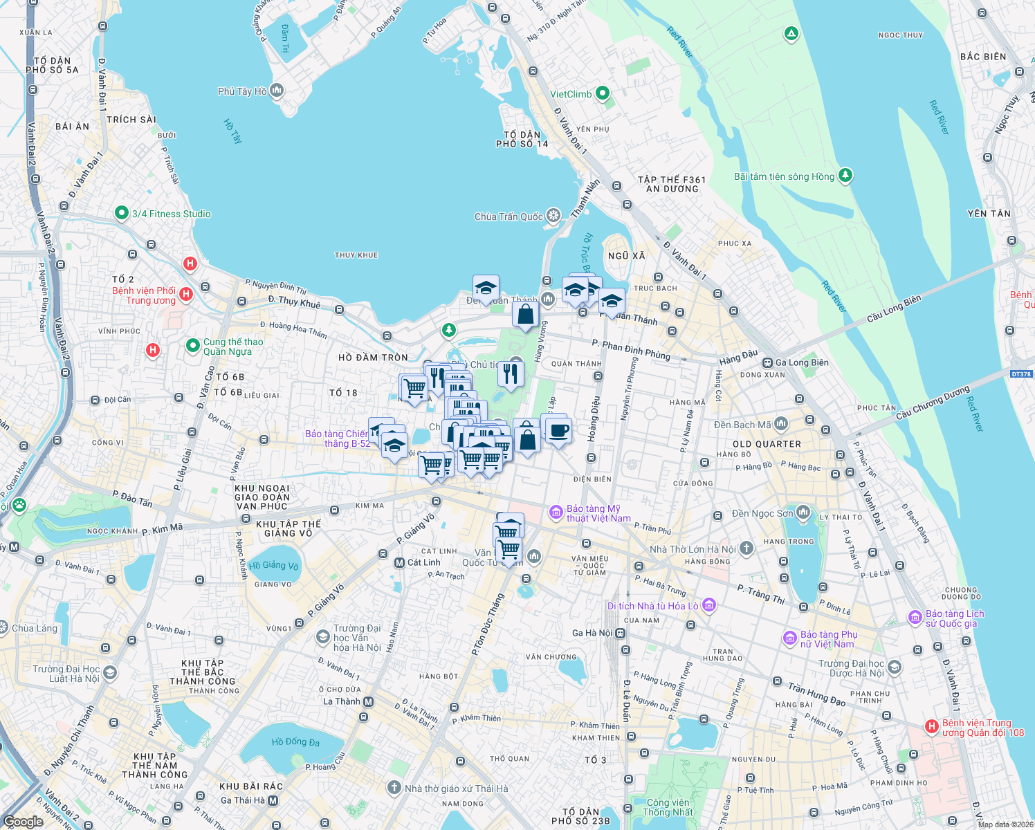 map of restaurants, bars, coffee shops, grocery stores, and more near 1 Hùng Vương in Ba Đình
