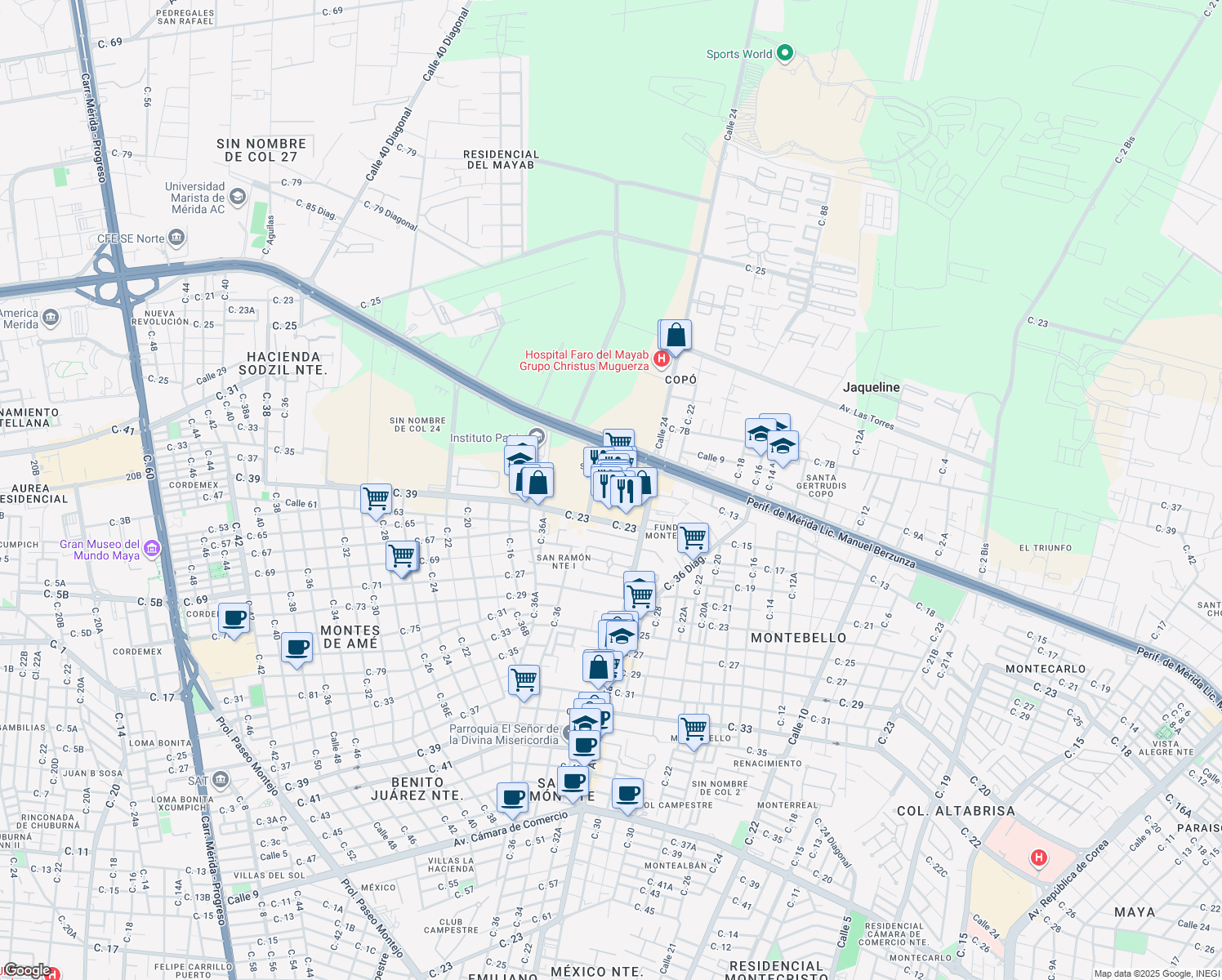 map of restaurants, bars, coffee shops, grocery stores, and more near Avenida Andres García Lavin in Mérida