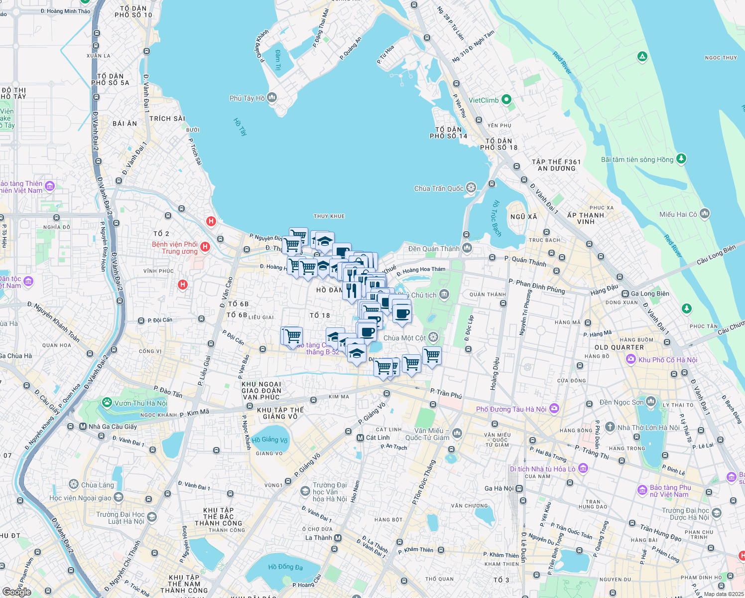 map of restaurants, bars, coffee shops, grocery stores, and more near 15 Hoàng Hoa Thám in Ba Đình