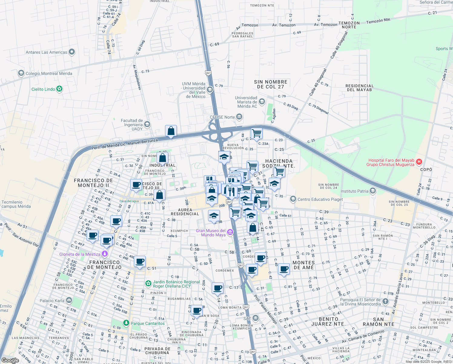map of restaurants, bars, coffee shops, grocery stores, and more near Carretera Mérida - Progreso in Mérida