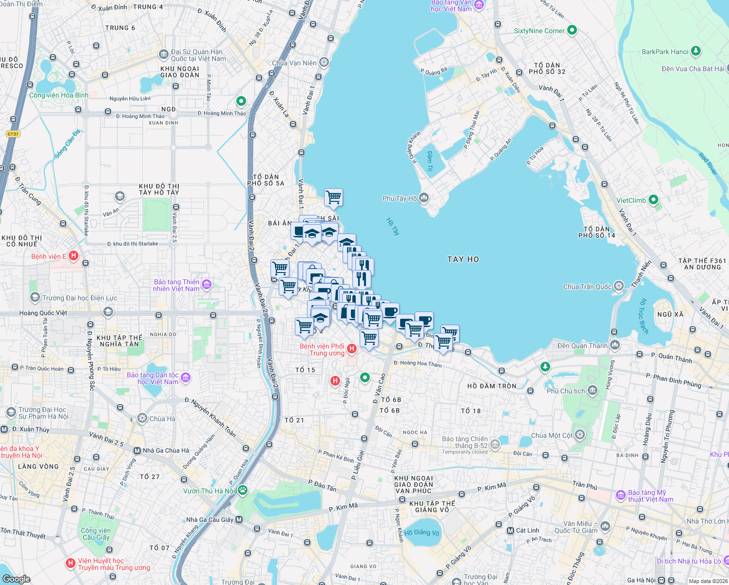 map of restaurants, bars, coffee shops, grocery stores, and more near Phố Trích Sài in Tây Hồ
