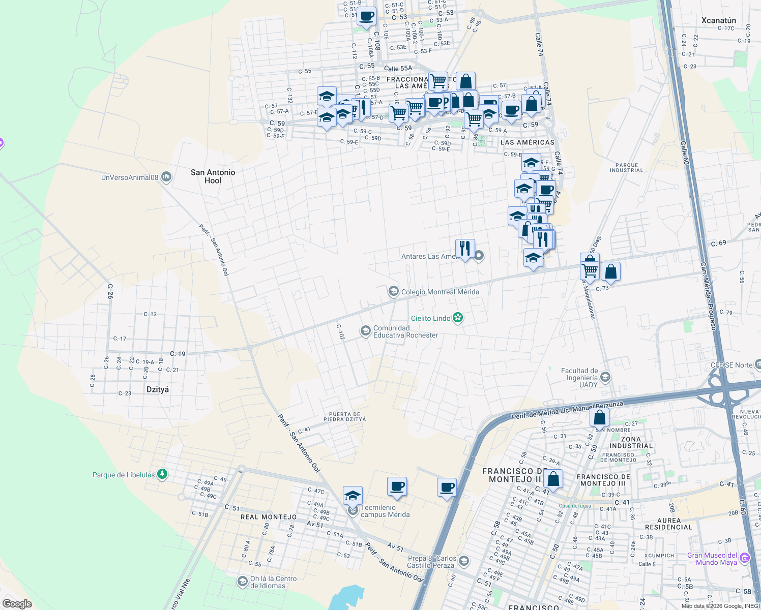 map of restaurants, bars, coffee shops, grocery stores, and more near Dzitya - Entronque Carretera Mérida Progreso in Mérida