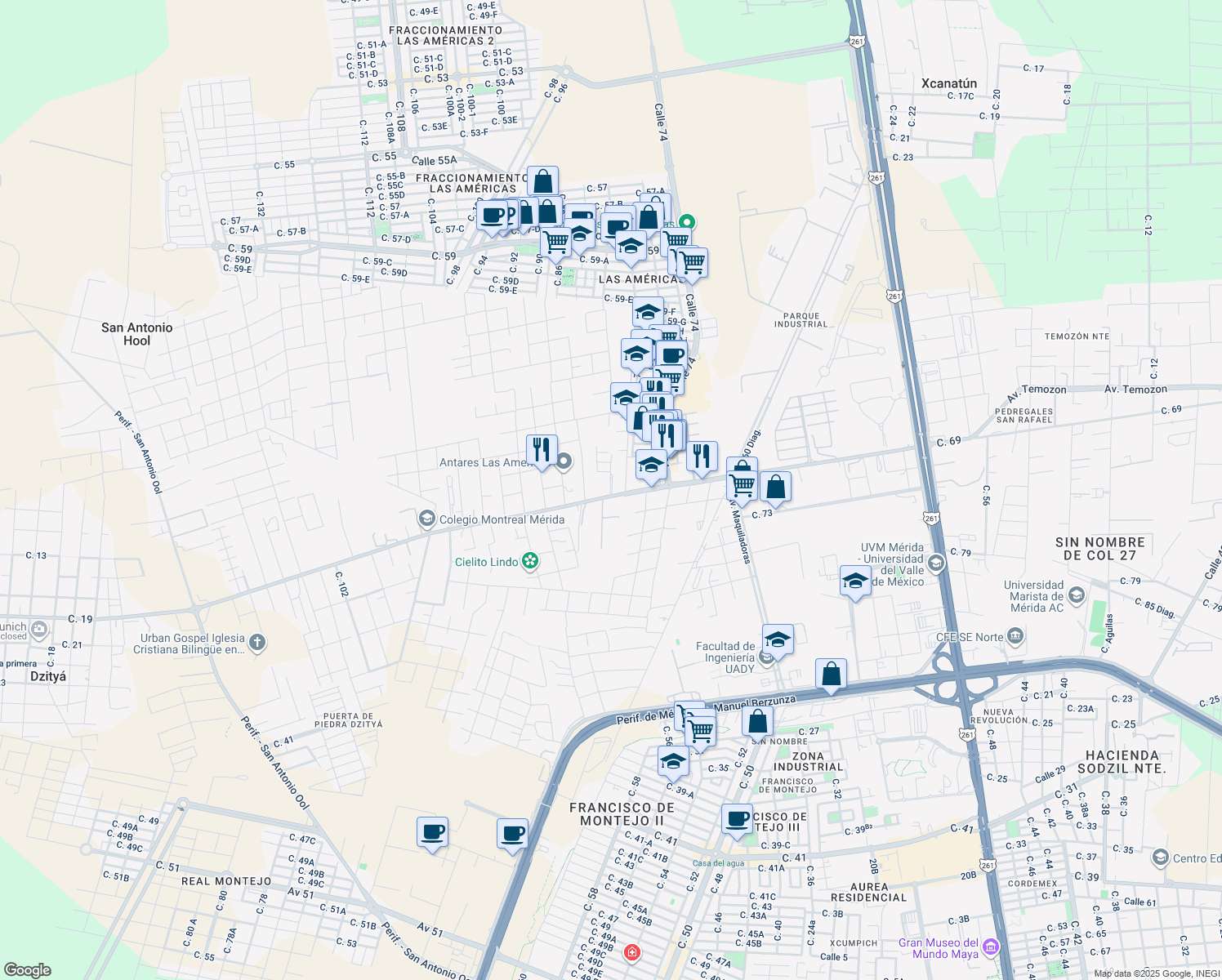 map of restaurants, bars, coffee shops, grocery stores, and more near in Mérida