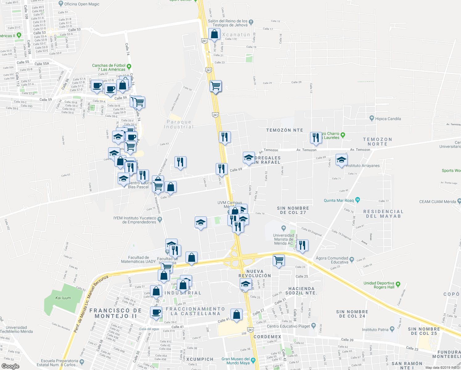 map of restaurants, bars, coffee shops, grocery stores, and more near Temozón in Mérida